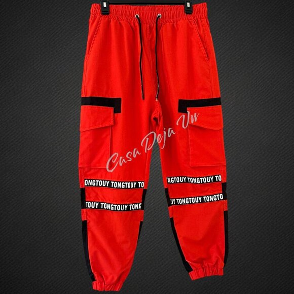 Tongtouy Slick Street Style Bright Orange Hip Hop Nylon Performance Pants Jogger - Picture 1 of 10